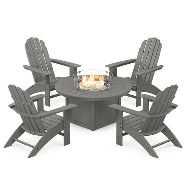 POLYWOOD Vineyard 5-Piece Curveback Adirondack Conversation Set w/ Fire Pit Table - Slate Grey